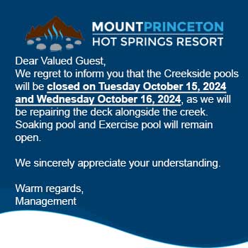 Dear Valued Guest, We regret to inform you that the Creekside pools will be closed on Tuesday October 15, 2024 and Wednesday October 16, 2024, as we will be repairing the deck alongside the creek. Soaking pool and Exercise pool will remain open. We sincerely appreciate your understanding. Warm regards, Management